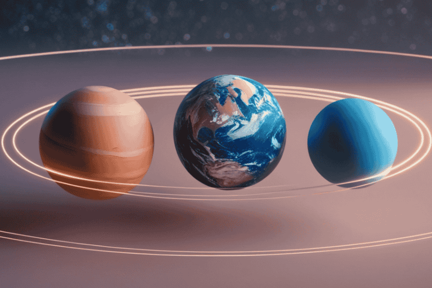 Planetas alinhados com linhas orbitais ao fundo, representando a eclíptica e o alinhamento planetário no céu.