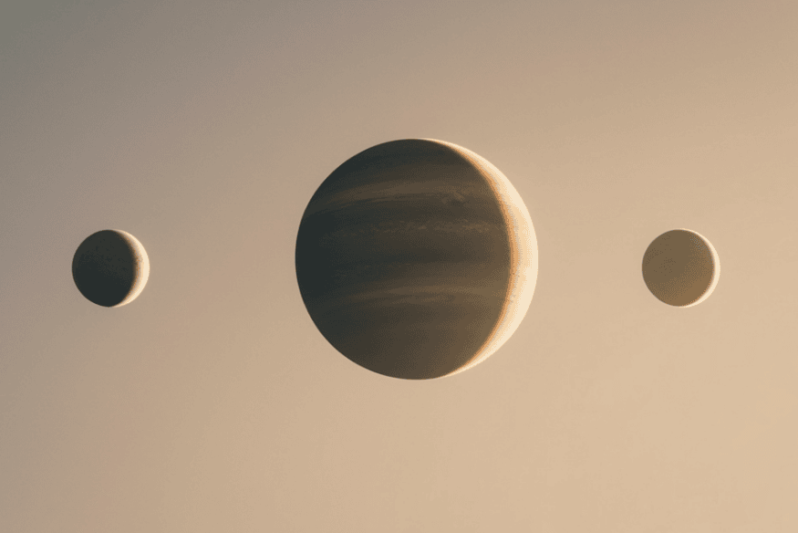 Ilustração de alinhamento planetário com três planetas em linha no céu, mostrando como os astros podem parecer alinhados.