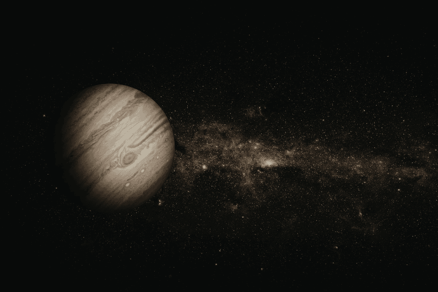 Ilustração de Júpiter diante de um fundo estrelado, representando um dos planetas que podem ser localizados com aplicativos de astronomia.