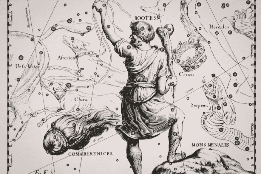 Mapa celeste antigo com figuras mitológicas e constelações desenhadas em estilo histórico