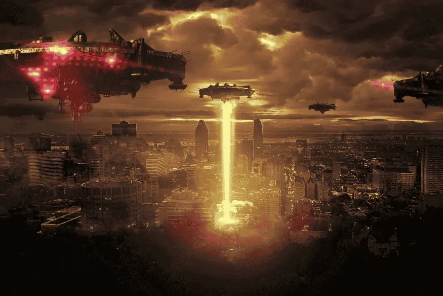 Naves sobre cidade em cena de ficção científica, imagem ilustrativa usada para representar o imaginário sobre vida extraterrestre.