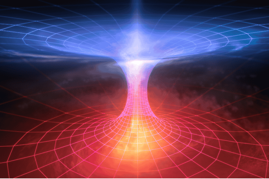 Ilustração de buraco de minhoca com duas “bocas” conectadas por um túnel no espaço-tempo, mostrando a deformação prevista pela relatividade.