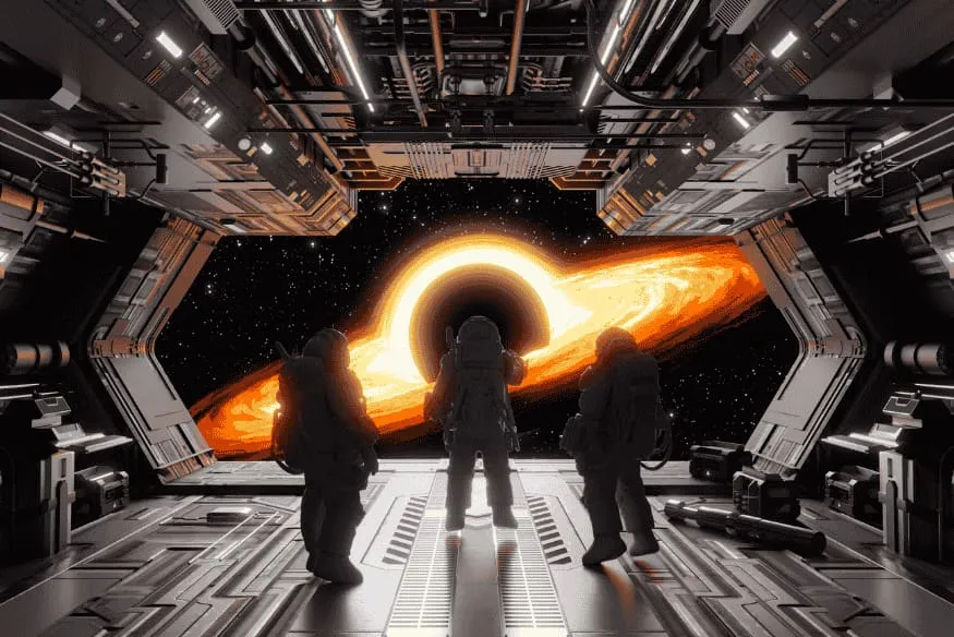 Cena ilustrativa com buraco negro e disco luminoso visto do espaço, representação usada para explicar o que são buracos negros.