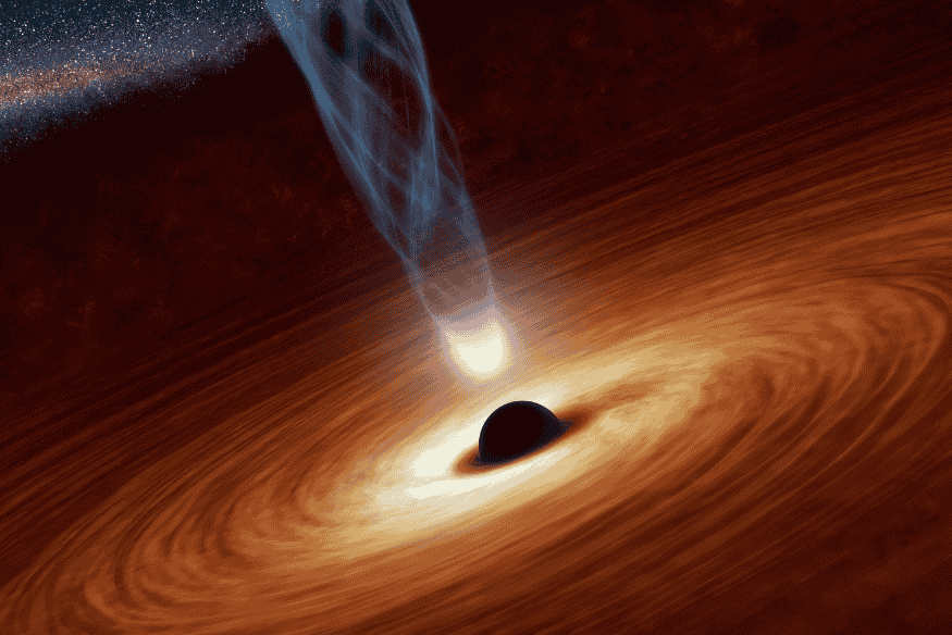 Ilustração de quasar com buraco negro supermassivo, disco de acreção brilhante e jato relativístico, indicando crescimento rápido.