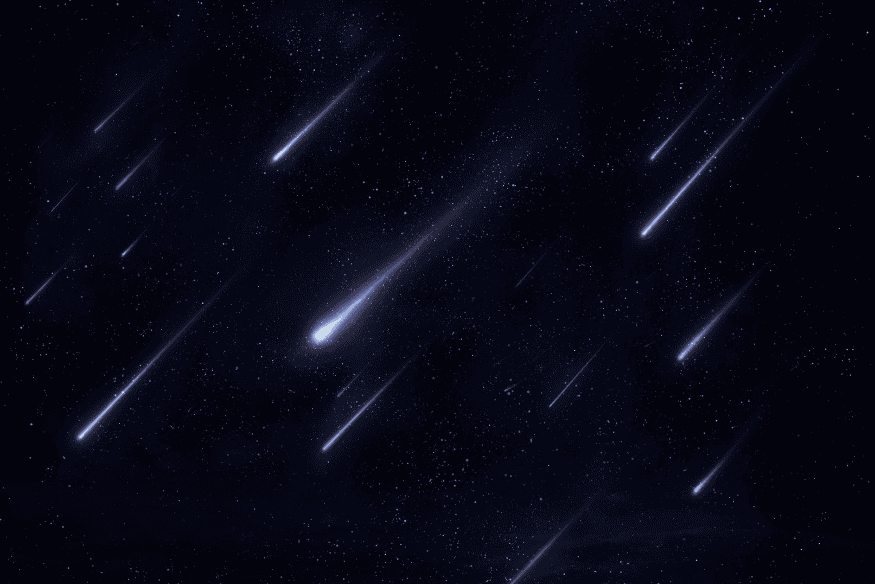 Ilustração de vários meteoros cruzando o céu estrelado, representação visual de uma chuva de meteoros intensa.