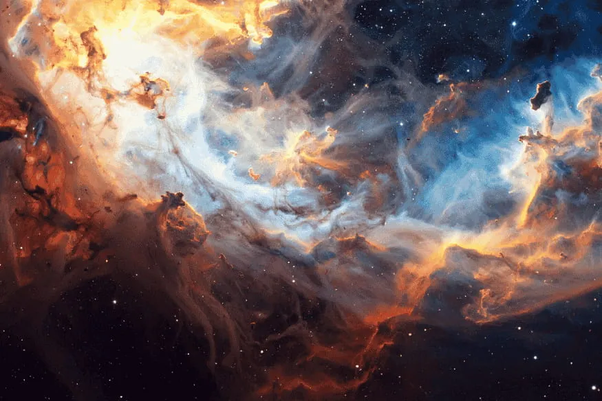 Nebulosa colorida no espaço com nuvens de gás e poeira, região onde novas estrelas podem nascer ao longo do tempo.