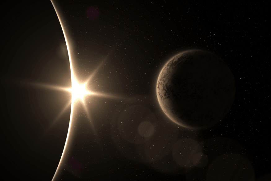 Planeta em sombra com luz intensa ao fundo em cenário espacial, representando alinhamentos e conjunções no céu noturno.