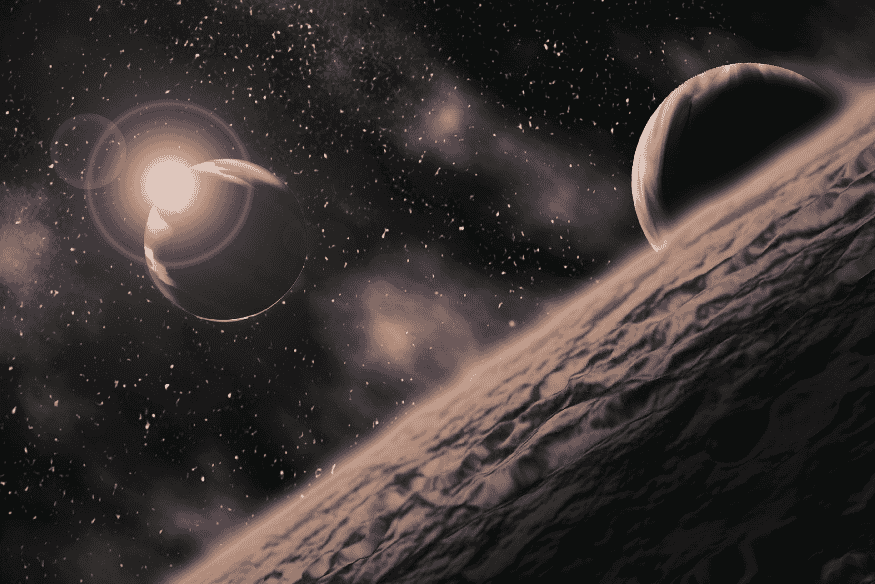 Ilustração de exoplanetas orbitando estrelas em um sistema estelar distante no espaço profundo