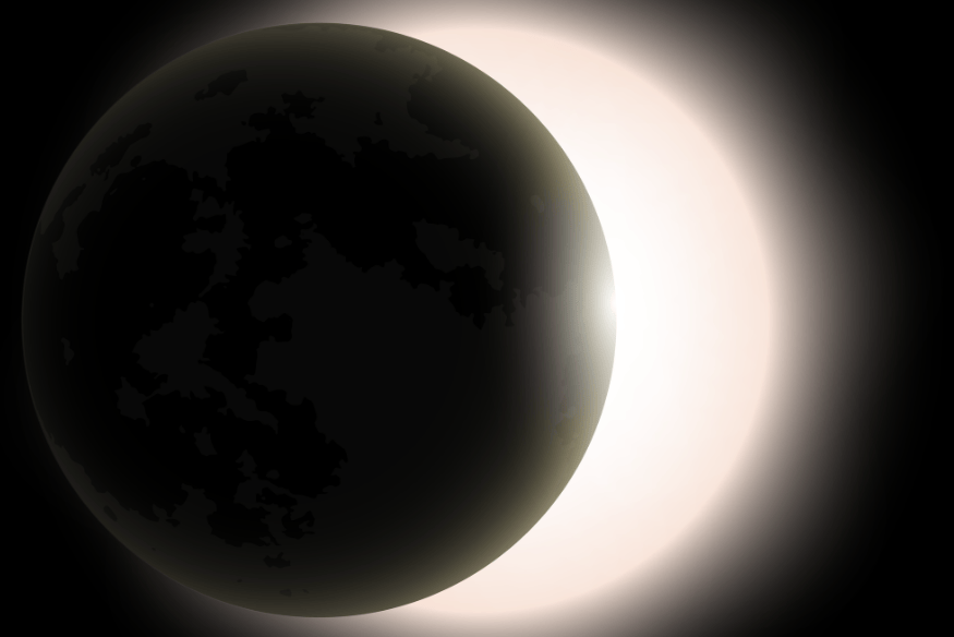 Ilustração astronômica com corpo escuro em primeiro plano e luz intensa ao fundo, representando alinhamento orbital.