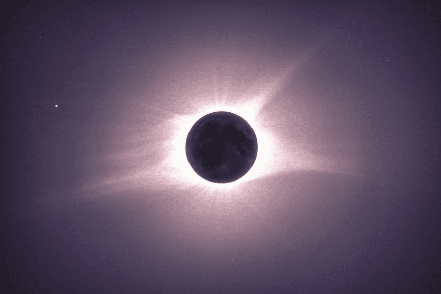 Ilustração de eclipse com disco escuro central e halo luminoso no céu, usada para explicar eclipses.