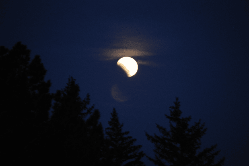 Lua parcialmente encoberta no céu noturno sobre silhuetas de árvores, em cena de eclipse lunar.