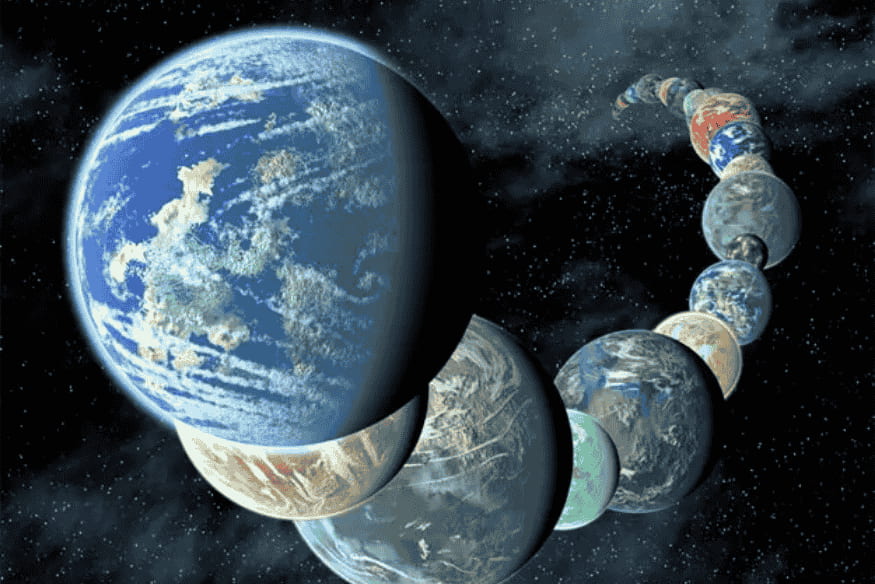 Ilustração de vários exoplanetas em diferentes tamanhos e aparências, representando a diversidade de mundos além do Sistema Solar.