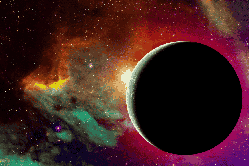 Ilustração de exoplaneta escuro passando diante de sua estrela, representando o método de trânsito usado para detectar planetas fora do Sistema Solar.