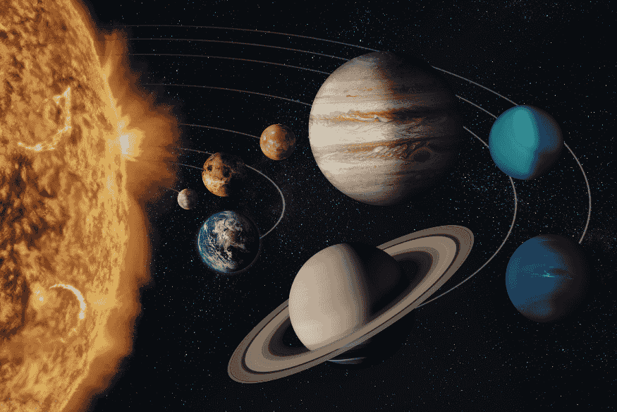Ilustração do Sistema Solar com o Sol e os planetas em órbita, usada para comparar nosso sistema com mundos além do Sistema Solar.