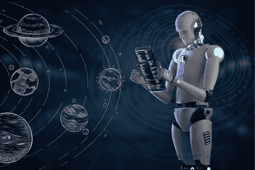 Robô analisando dados com ilustrações de planetas ao fundo, simbolizando o papel da inteligência artificial na astronomia moderna.