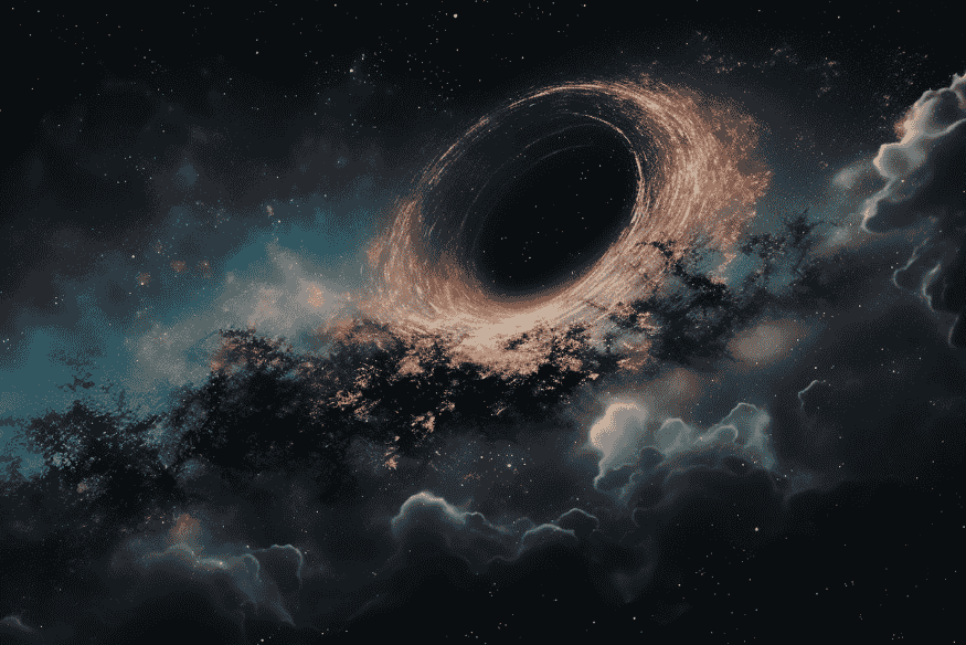 Representação artística de buraco negro no espaço, imagem que ajuda a discutir sua relação com a matéria escura na astronomia.
