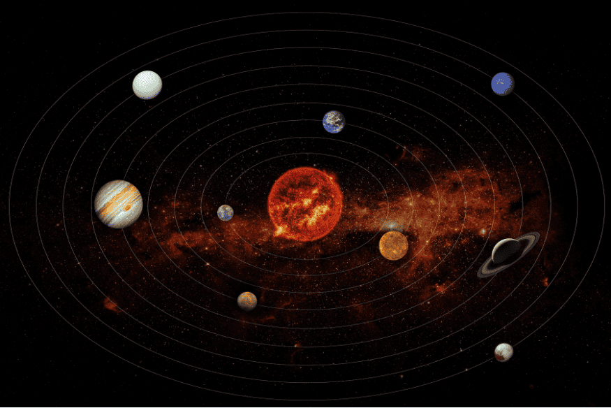 Diagrama do Sistema Solar com órbitas dos planetas ao redor do Sol, ilustrando como a história do Sistema Solar é reconstruída.