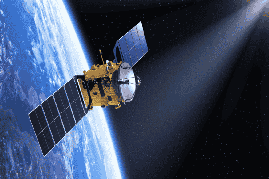 Satélite científico em órbita da Terra coletando dados no espaço, exemplo da importância das missões espaciais para a ciência.