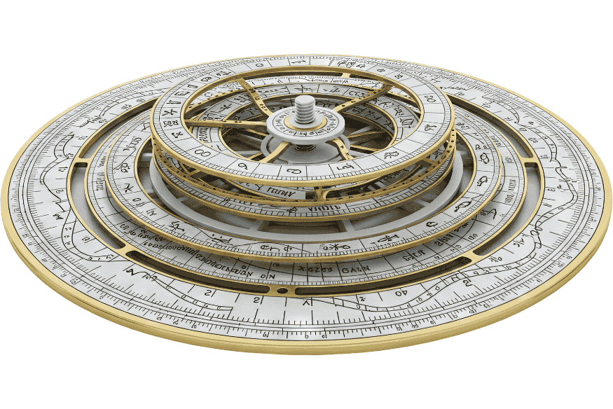 Astrolábio marítimo antigo usado para medir a posição dos astros e auxiliar a navegação em rotas marítimas históricas.