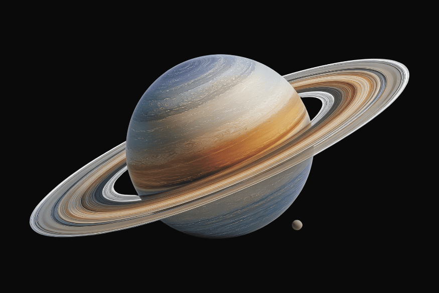 Planeta Saturno com anéis amplos e detalhados em fundo preto, ilustrando o planeta cujo nome vem do deus romano Saturno.