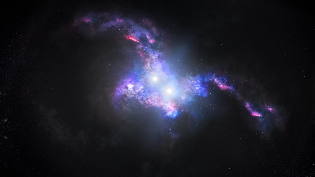 Representacao artistica de um quasar brilhante no centro de uma galaxia distante