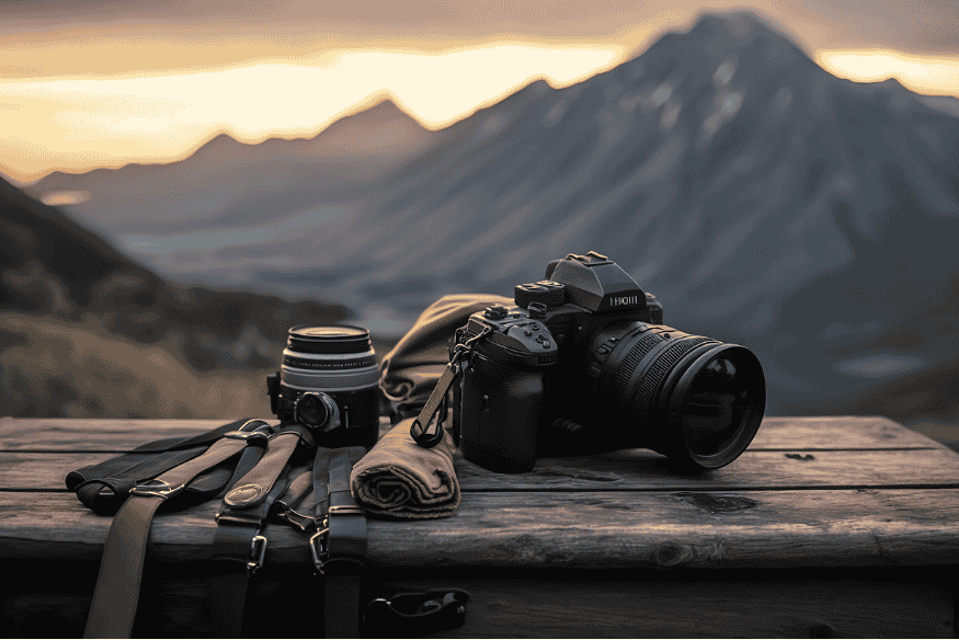 Câmera e lentes sobre mesa com montanhas ao fundo, equipamentos prontos para registrar conjunções planetárias na prática com consistência.