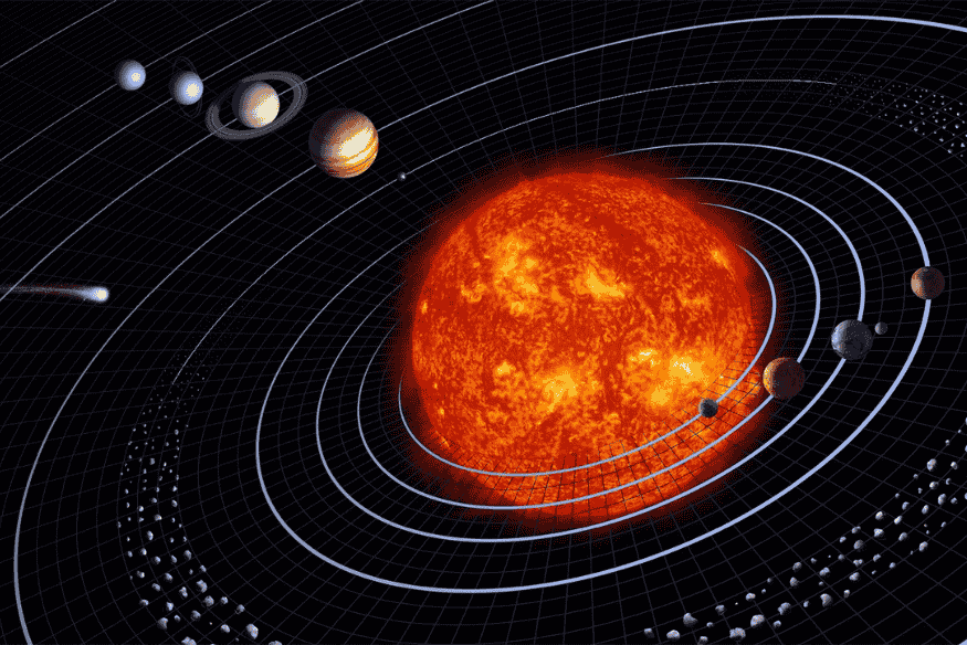 Ilustração do Sistema Solar com o Sol e os planetas em órbita, tema estudado com apoio de telescópios espaciais.