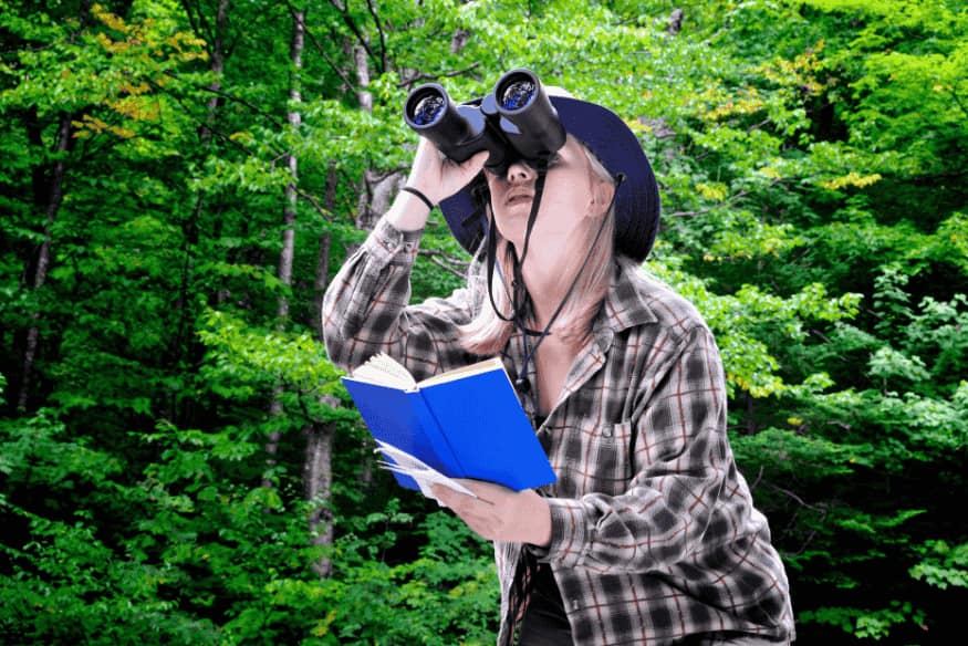 Mulher usando binóculo e guia de aves na mata do Pantanal