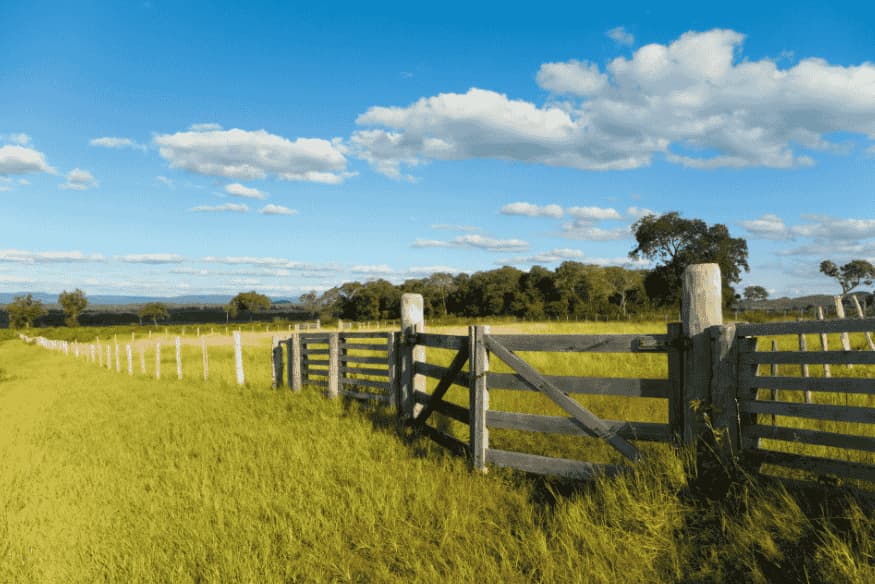 Cerca de madeira delimitando uma área de pastagem verde sob céu azul em Bonito, MS.