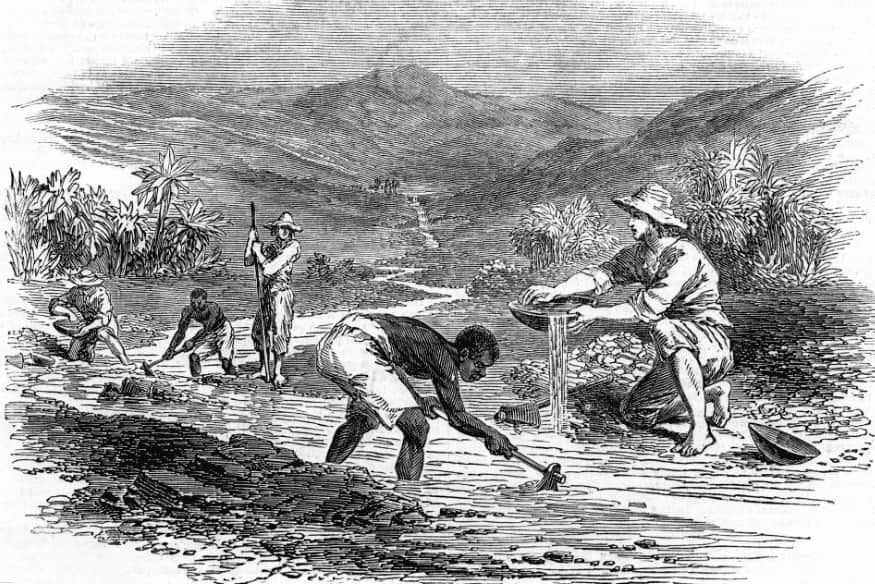 Ilustração histórica de escravizados garimpando ouro em um rio