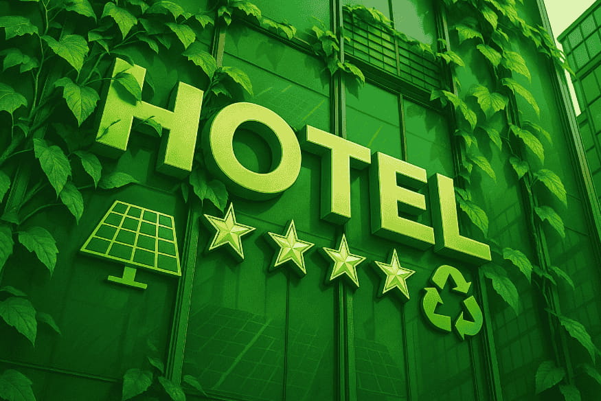 Fachada de hotel sustentável com vegetação e símbolos de energia solar, reciclagem e estrelas