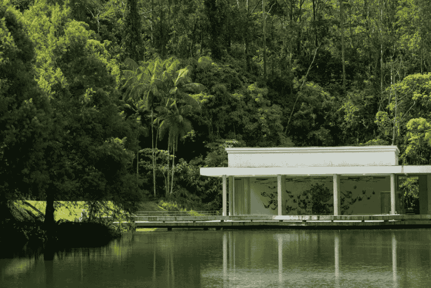 Pavilhão branco refletido em um lago cercado por vegetação densa no Instituto Inhotim