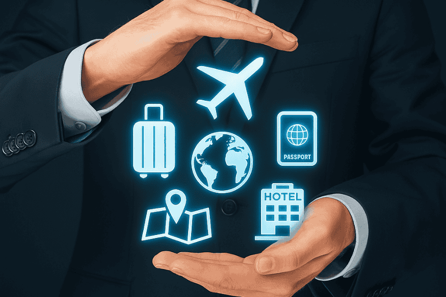 Ícones digitais representando viagem e proteção nas mãos de um executivo