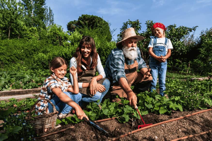Família cuidando de horta comunitária em área urbana, produzindo alimentos frescos e incentivando turismo sustentável nas cidades.