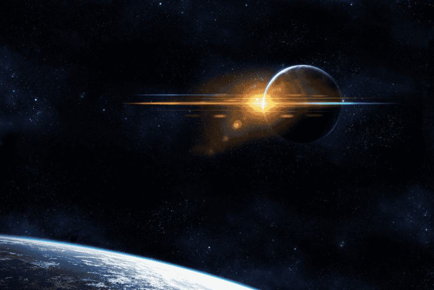 Planeta em contraluz com brilho de estrela ao fundo e céu cheio de estrelas, ilustrando como os astrônomos medem distâncias no espaço.