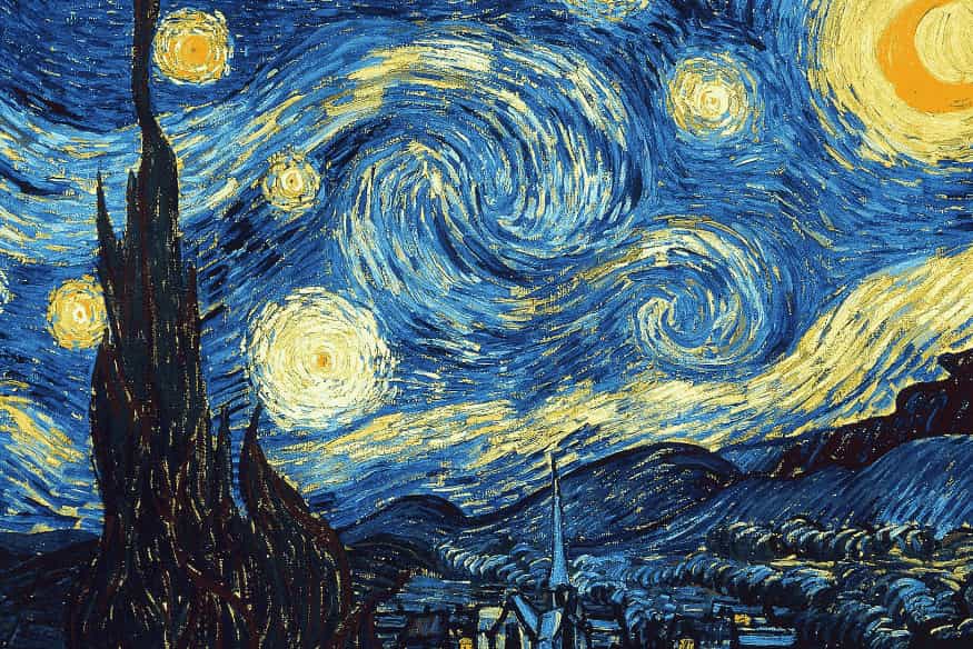 Pintura Noite Estrelada de Vincent van Gogh com céu noturno em espirais, estrelas brilhantes e lua intensa