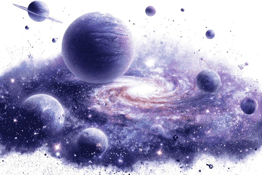 Ilustração de vários planetas em meio ao espaço, representando mundos que podem ser analisados na busca por vida extraterrestre.