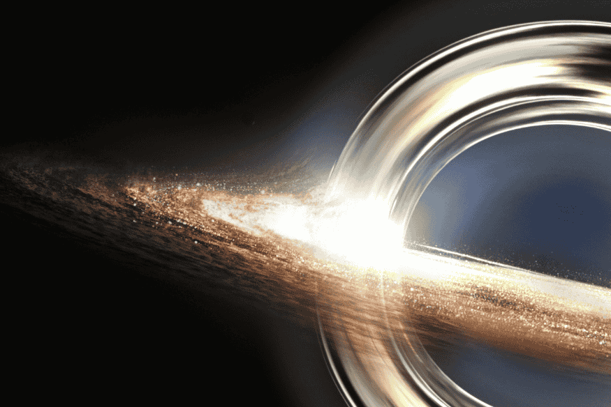 Ilustração de buraco negro supermassivo com disco de acreção luminoso e forte distorção da luz, representando crescimento e influência no centro das galáxias.