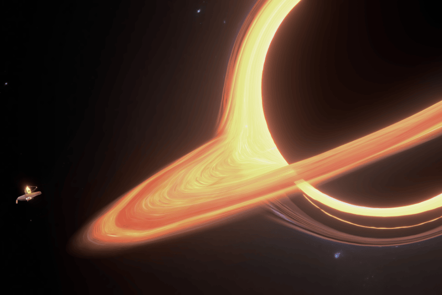 Ilustração de buraco negro supermassivo com disco de acreção brilhante no centro de uma galáxia, mostrando gás aquecido girando ao redor do horizonte de eventos.