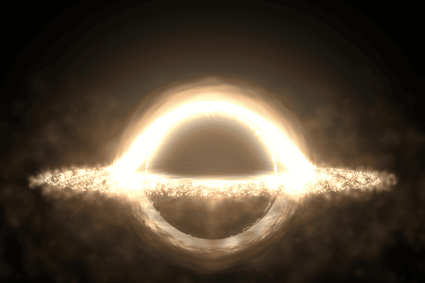 Buraco negro com anel brilhante e sombra central, ilustração do horizonte de eventos e da curvatura extrema do espaço-tempo.