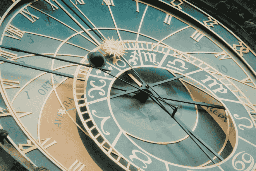 Detalhe de relógio astronômico com signos zodiacais, ponteiros e marcações ligadas aos ciclos do céu