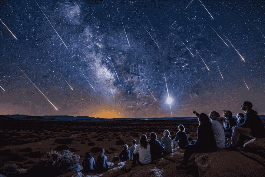 Grupo observando chuva de meteoros sob céu estrelado, cenário ideal para fotografar meteoros com boa visibilidade noturna.