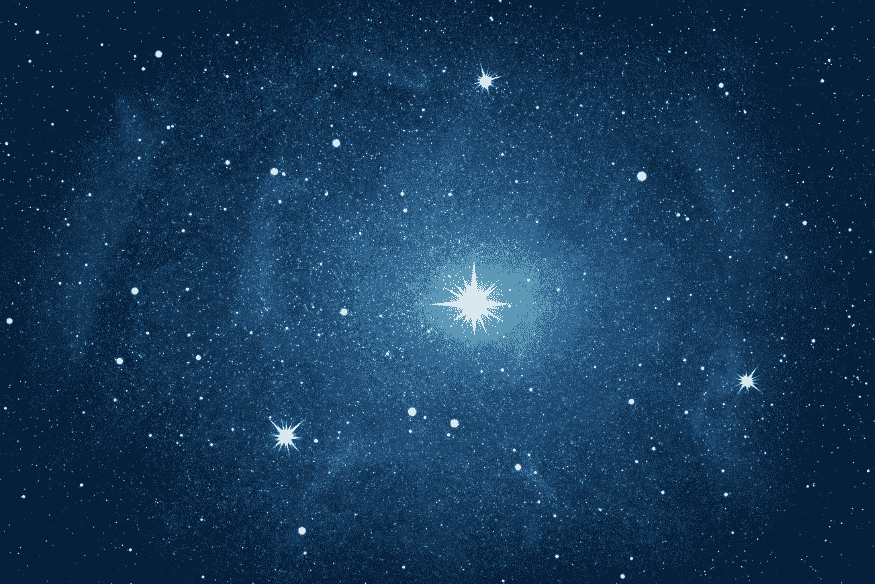 Estrela brilhante cercada por outras estrelas em fundo azul, ilustrando uma fase da vida estelar antes dos estágios finais.