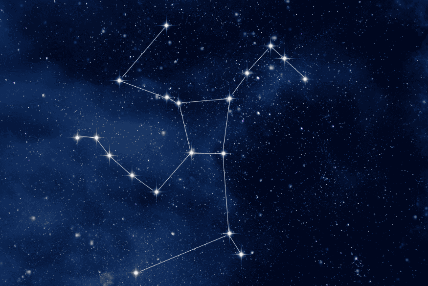 Ilustração de constelação brilhante traçada no céu azul escuro com estrelas conectadas por linhas