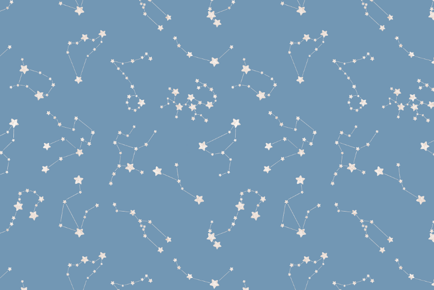 Padrão ilustrado com várias constelações distribuídas em fundo azul claro com estrelas conectadas