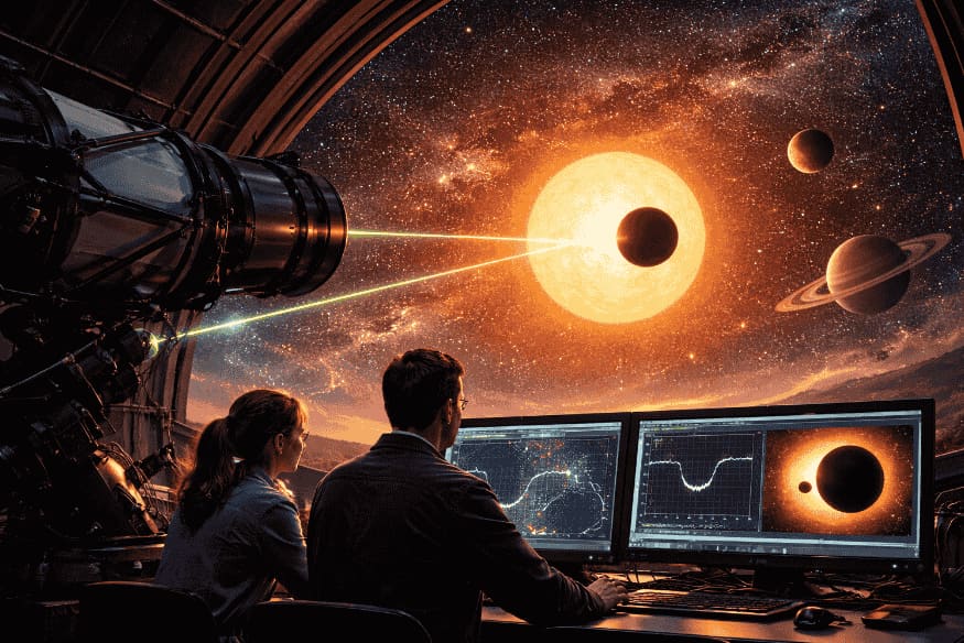 Astrônomos monitorando trânsito de exoplaneta com telescópio e gráficos de luz em observatório astronômico