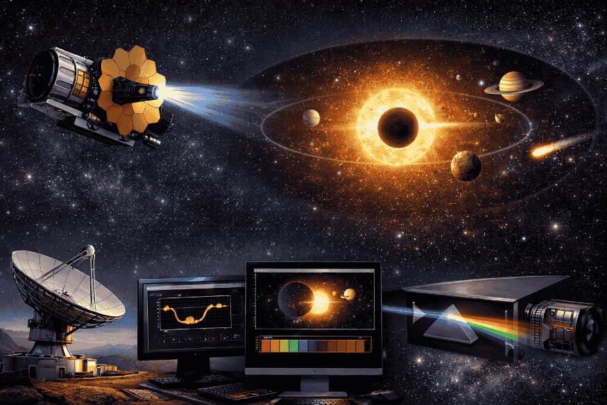 Ilustração de telescópios e instrumentos usados para detectar exoplanetas em sistemas estelares distantes por trânsito e espectroscopia