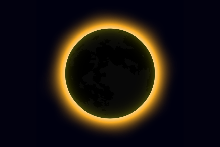 Ilustração de eclipse anular com anel dourado brilhante ao redor de um disco escuro, representando o “anel de fogo”.