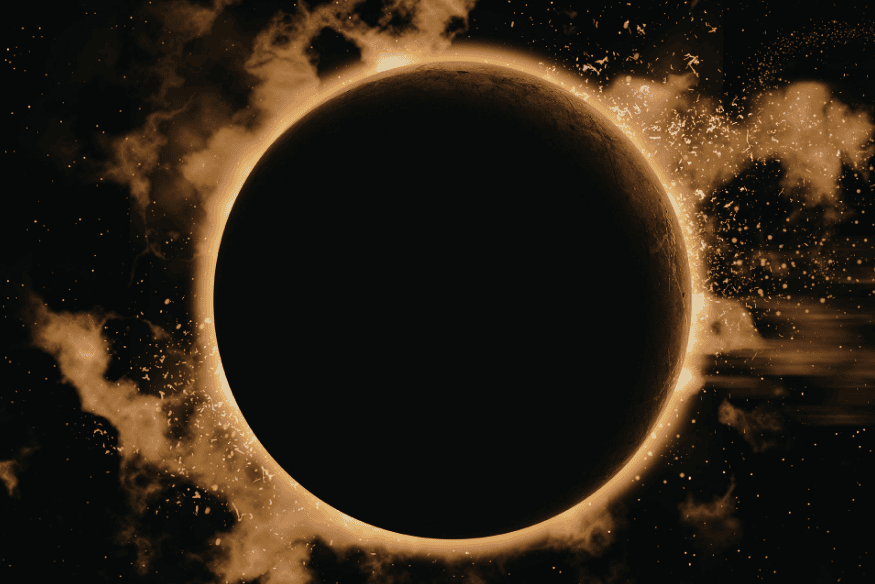 Eclipse solar com anel brilhante ao redor do disco escuro e partículas iluminadas, ilustrando o estudo da coroa solar.