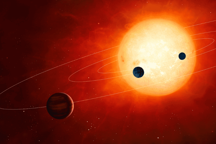 Sistema estelar com vários exoplanetas orbitando uma estrela brilhante, ilustrando métodos usados para detectar planetas em sistemas estelares distantes.